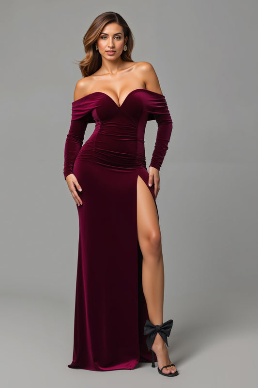 Burgundy Velvet Off the Shoulder Long Holiday Party Dress with Slit