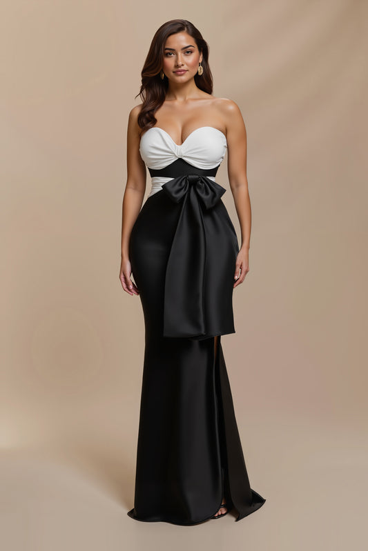 Black and White Patchwork Sweetheart Satin Long Formal Dress with Bow