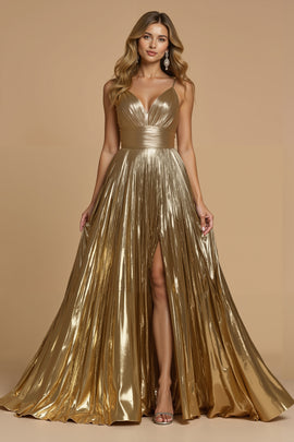 Sparkly Golden Metallic Spaghetti Straps Long Prom Dress with Slit