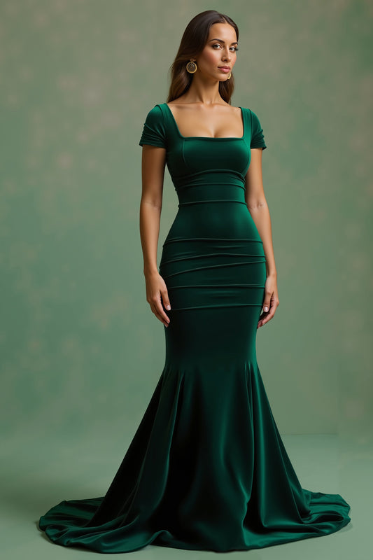 Dark Green Square Neck Long Mermaid Holiday Party Dress with Sleeves