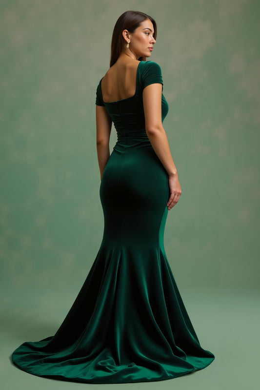 Dark Green Square Neck Long Mermaid Holiday Party Dress with Sleeves