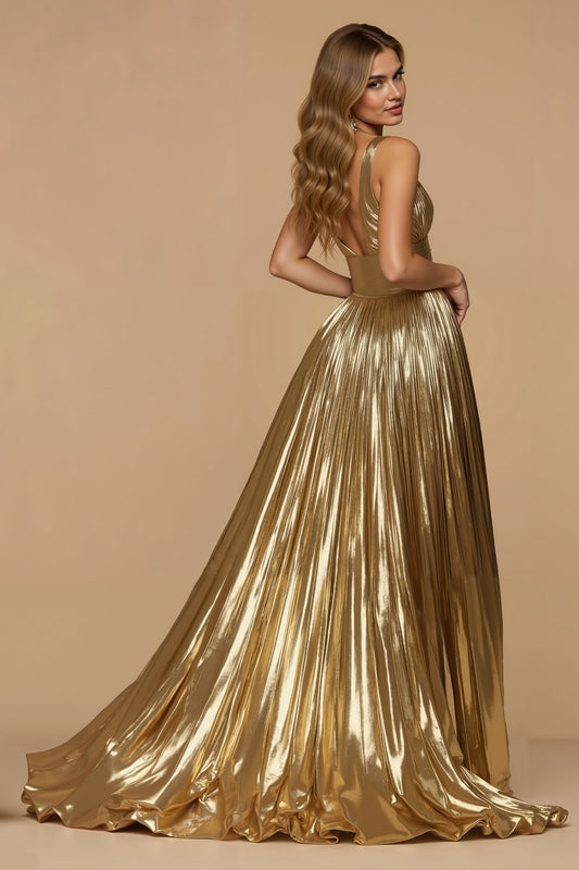 Metallic Golden Pleated A Line V-Neck Long Prom Dress with Slit