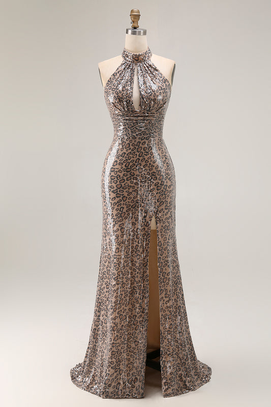Sparkly Golden Leopard Keyhole Mermaid Sequin Long Prom Dress with Slit