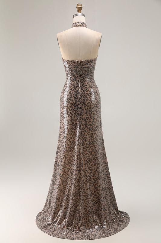 Sparkly Golden Leopard Keyhole Mermaid Sequin Long Prom Dress with Slit