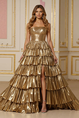 Sparkly Golden Metallic Tiered Strapless Long Prom Dress with Slit