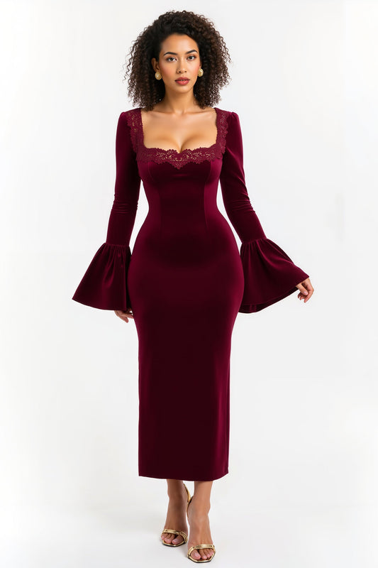 Burgundy Sheath Square Neck Long Holiday Party Dress with Sleeves