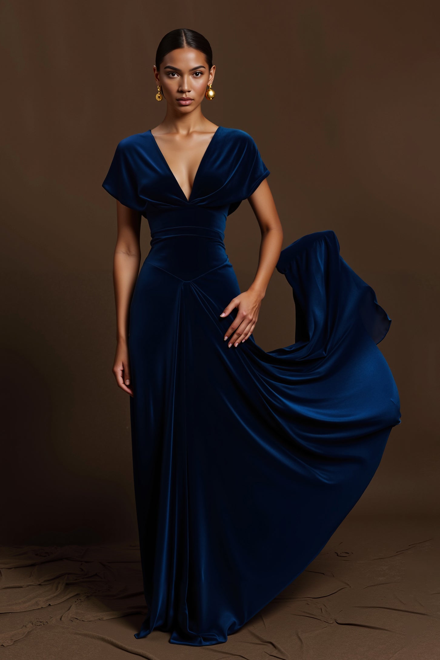 Zapakasa Women Royal Blue Velvet Long Holiday Party Dress with Sleeves