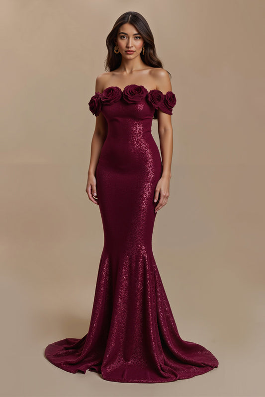 Sparkly Burgundy Mermaid Long Holiday Party Dress with 3D Flower