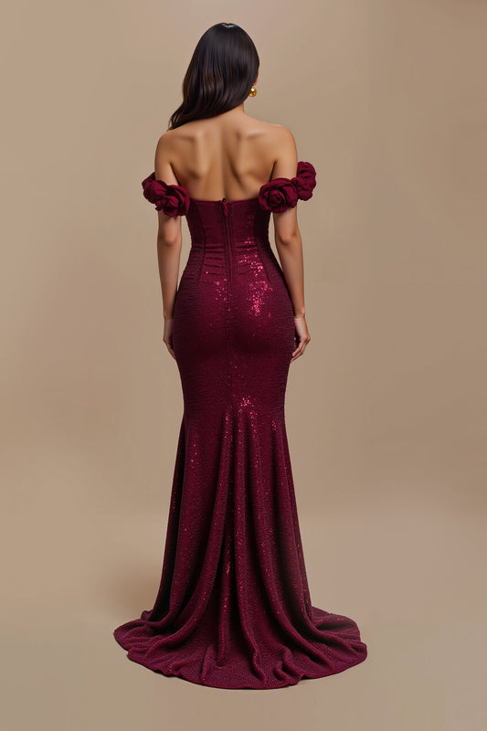 Sparkly Burgundy Off the Shoulder Long Holiday Party Dress with 3D Flowers