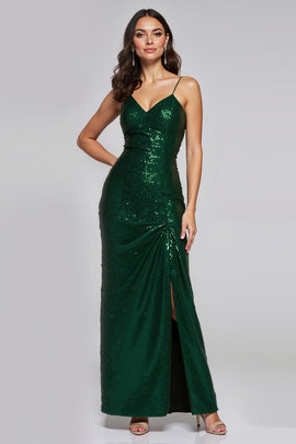 Sparkly Dark Green Sheath Sequins Long Holiday Party Dress with Slit