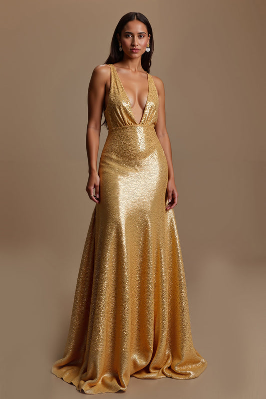Sparkly Gold Deep V-Neck Long Mermaid Holiday Party Dress