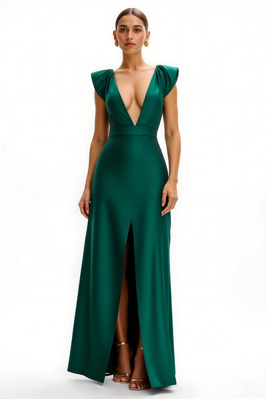 Dark Green V-Neck Cap Sleeves Long Holiday Party Dress with Slit
