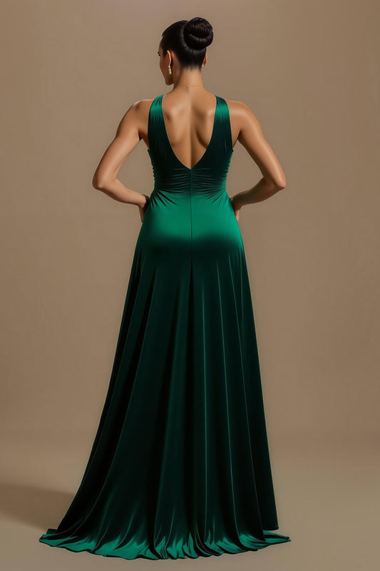 Dark Green V-Neck Ruched Long Holiday Party Dress with Slit