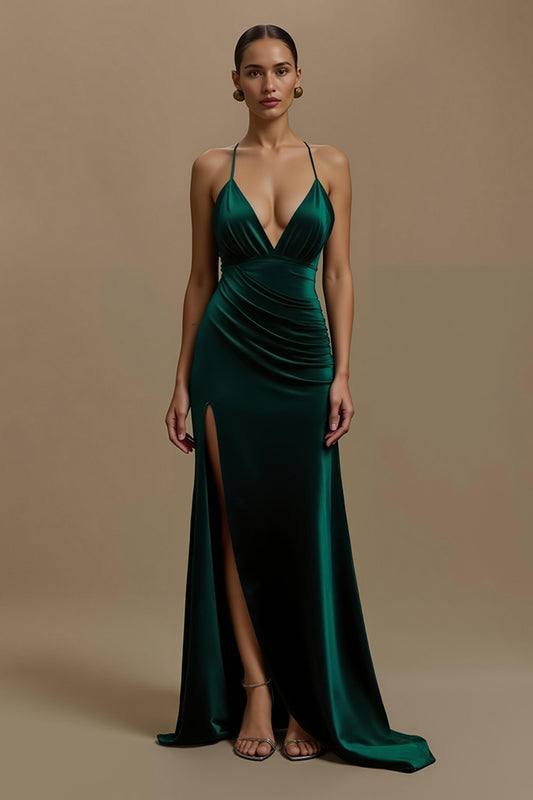 Dark Green Spaghetti Straps Long Ruched Holiday Party Dress with Slit