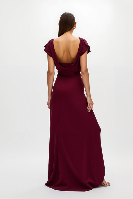 Burgundy Sheath V-Neck Long Holiday Party Dress with Slit