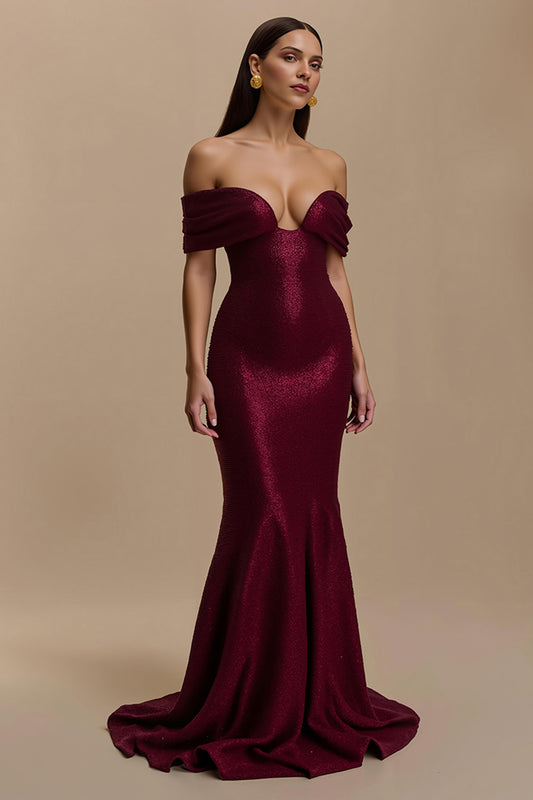 Burgundy Mermaid Off the Shoulder Long Holiday Party Dress