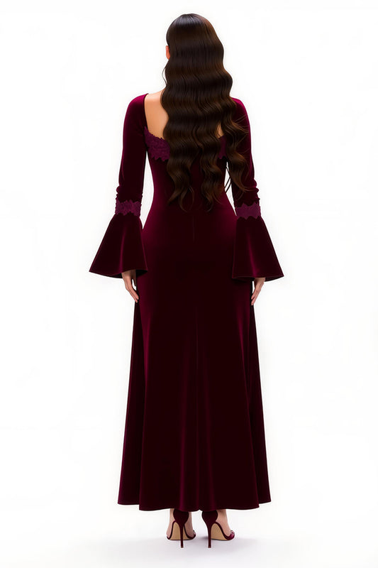 Burgundy Sheath Scoop Neck Long Holiday Party Dress with Sleeves