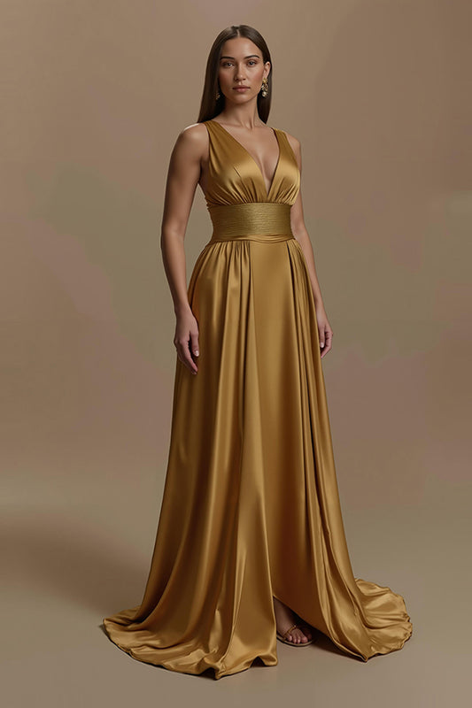 Simple Golden V-Neck Backless Long Holiday Party Dress