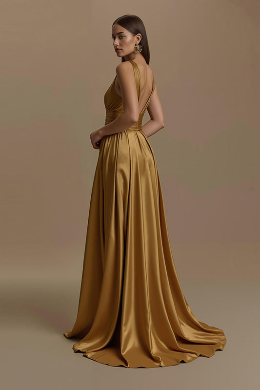 Simple Golden V-Neck Backless Long Holiday Party Dress