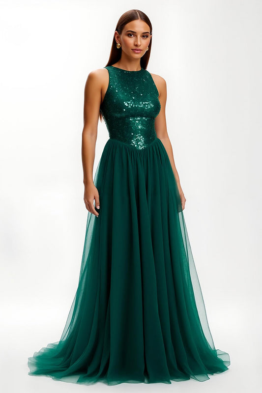 Sparkly Dark Green Round Neck Long Holiday Party Dress with Sequins