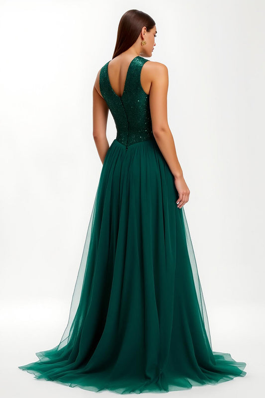 Sparkly Dark Green Round Neck Long Holiday Party Dress with Sequins