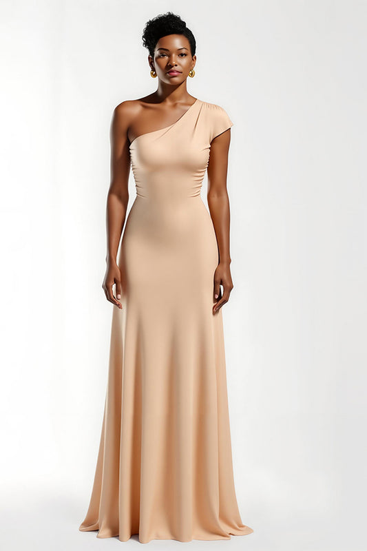 Champagne One Shoulder Sheath Long Holiday Party Dress