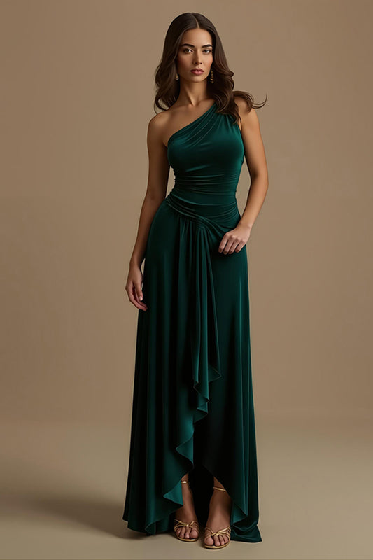 Dark Green Sheath One Shoulder High-Low Holiday Party Dress