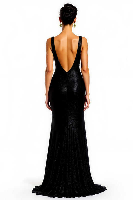 Sparkly Black Sequin Mermaid V-Neck Long Holiday Party Dress with Slit