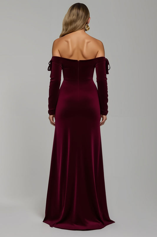 Burgundy Sheath Velvet Off the Shoulder Long Holiday Party Dress with Slit