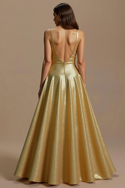 Sparkly Golden A Line Sequin V-Neck Long Holiday Party Dress