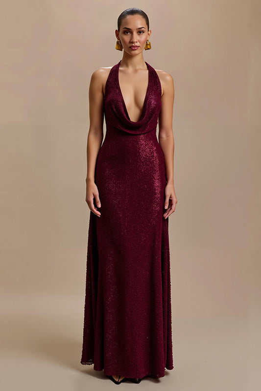 Sparkly Burgundy Sheath Sequin V-Neck Long Holiday Party Dress