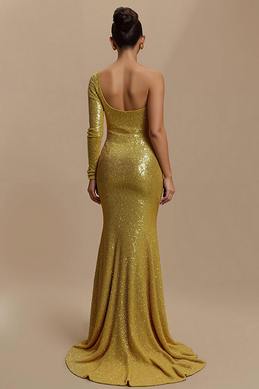 Sparkly Golden Mermaid Sequin Long Holiday Party Dress with Sleeves