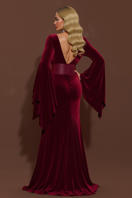 Burgundy Velvet V-Neck Mermaid Long Holiday Party Dress with Sleeves