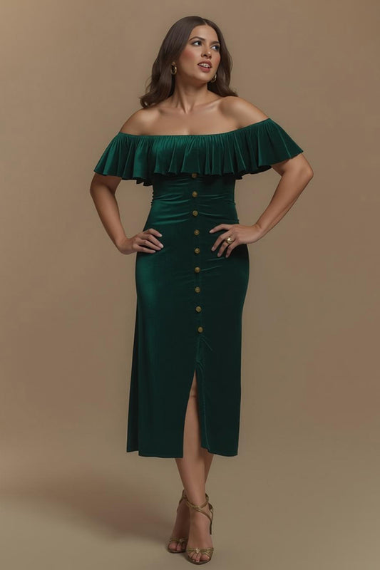 Dark Green Sheath Off the Shoulder Buttons Long Holiday Party Dress with Slit