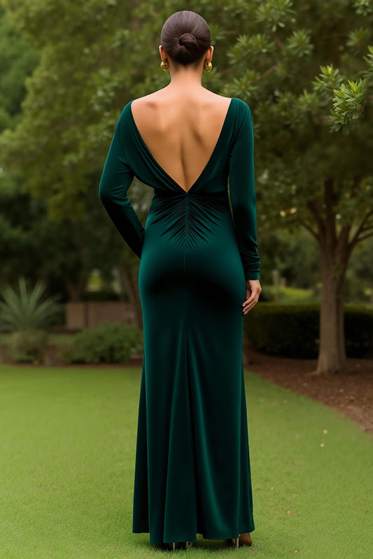 Dark Green Sheath Velvet Ruffled Long Holiday Party Dress with Slit