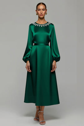 Sparkly Dark Green A Line Satin Long Holiday Party Dress with Rhinestones