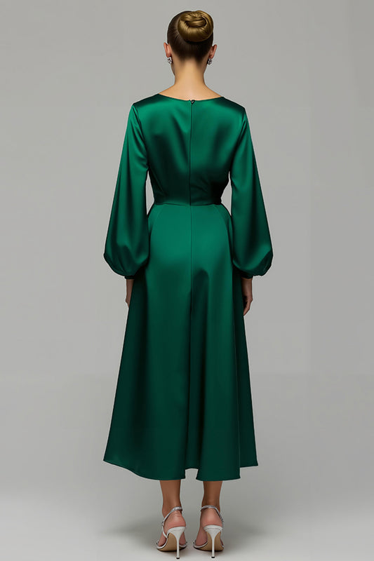 Sparkly Dark Green A Line Satin Long Holiday Party Dress with Rhinestones