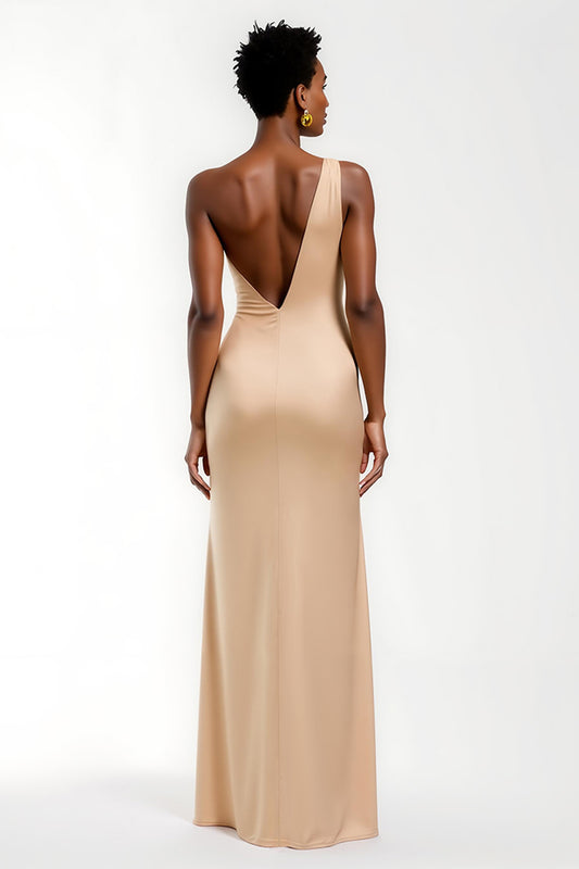 Champagne One Shoulder Satin Long Wedding Guest Dress with Slit