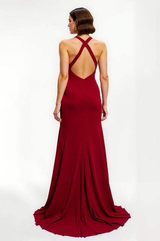 Red Satin Sheath Long Holiday Party Dress with Slit