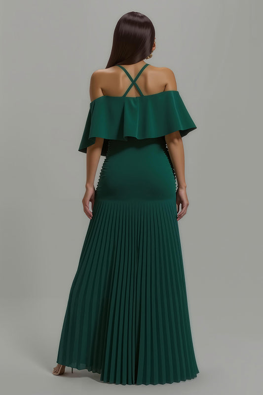 Dark Green Sheath Pleated Long Holiday Party Dress with Ruffles
