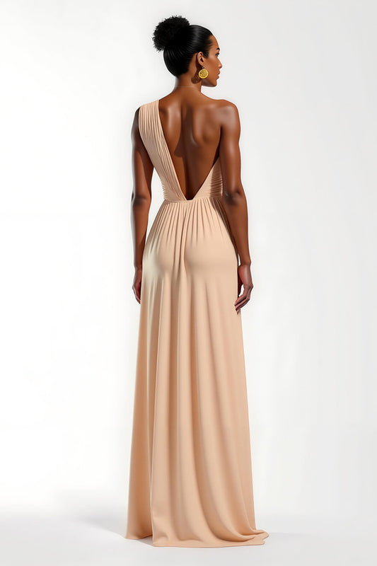 Champagne Satin Ruched Sheath Long Wedding Guest Dress