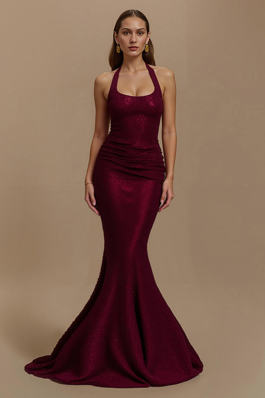 Sparkly Burgundy Mermaid Halter Sequin Long Holiday Party Dress