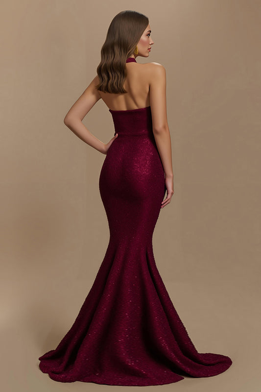 Sparkly Burgundy Mermaid Halter Sequin Long Holiday Party Dress