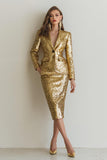 Sparkly Golden Pencil Sequins 2 Piece Midi Women Prom Suits with Sleeves Sparkly Golden Pencil Sequins 2 Piece Midi Women Prom Suits with Sleeves