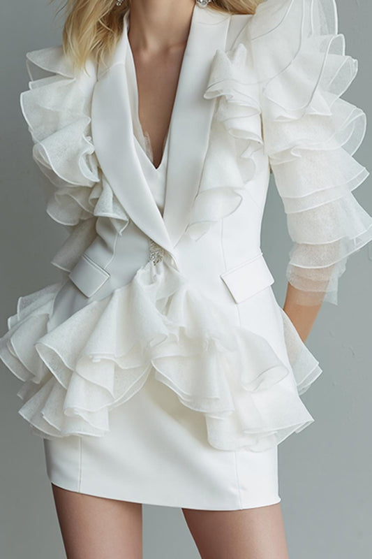 White 2 Piece Pencil Ruffled Short Business Suits with Sleeves