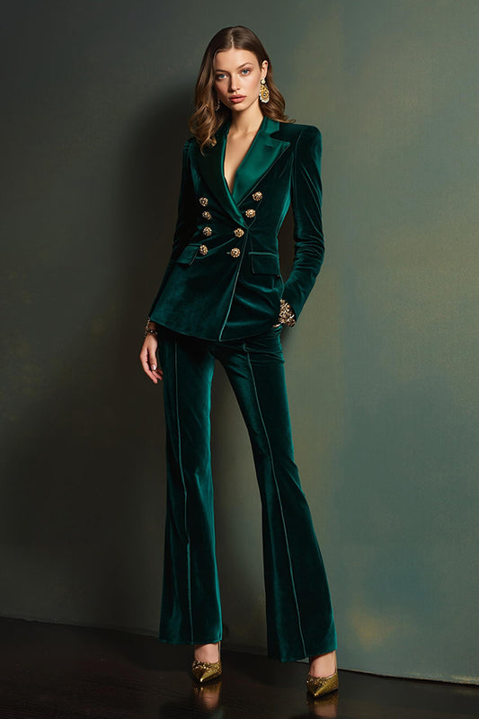 Dark Green Velvet Double Breasted 2 Piece Women Prom Suits with Sleeves