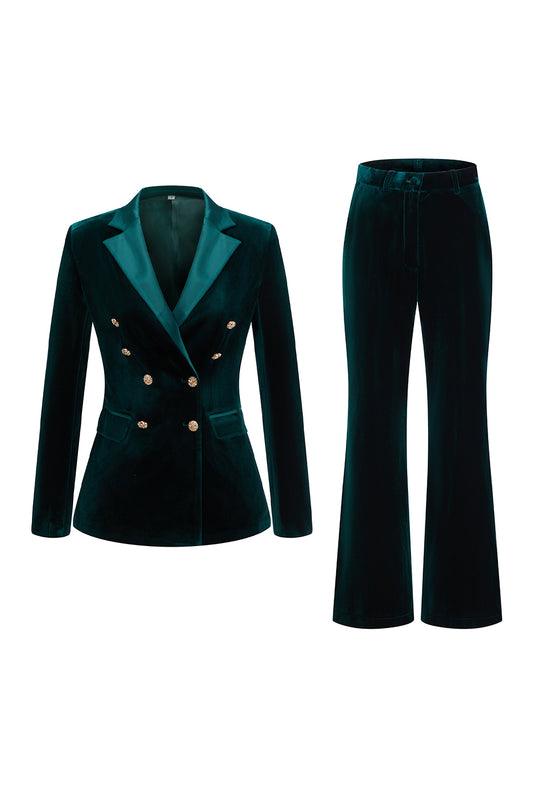 2 Piece Dark Green Velvet Double Breasted Women Prom Suits with Sleeves