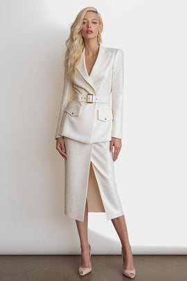 Ivory Glitter Peak Lapel Pencil 2 Piece Midi Business Suits with Slit