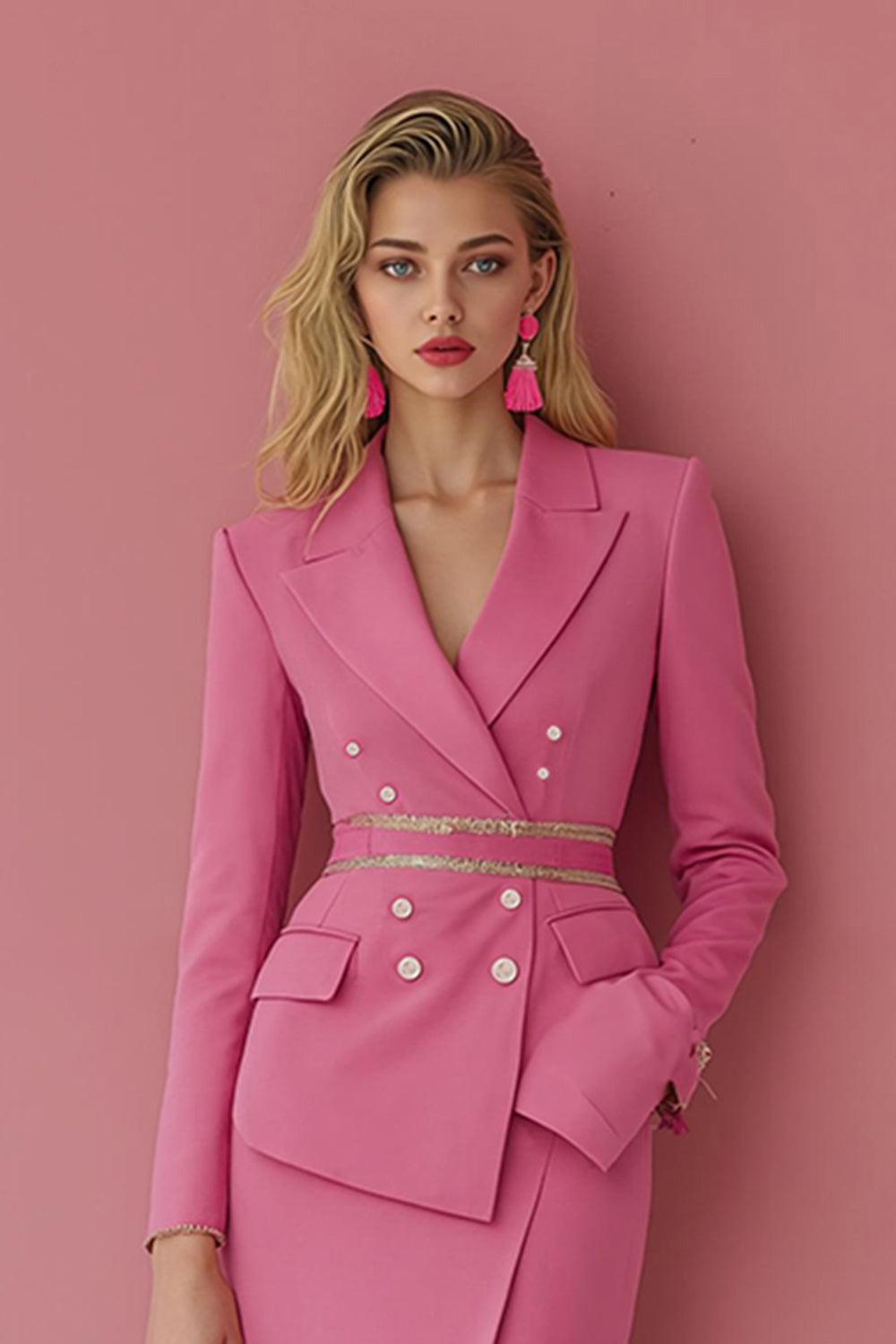 Fuchsia Peak Lapel 2 Piece Satin Pencil Midi Women Prom Suits with Slit Fuchsia Peak Lapel 2 Piece Satin Pencil Midi Women Prom Suits with Slit
