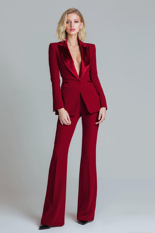 Zapakasa Women Red 2 Piece Peak Lapel Prom Suits with Sleeves One Button Party Tuxedo